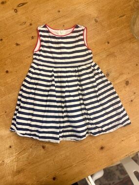 Rachel Riley Navy and White Striped Sleeveless Dress with Coral Trim